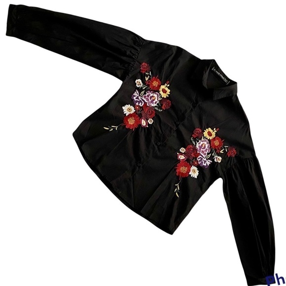 Haute Rouge Black Floral Blouse M/L Cropped Button-up Cotton Boho Embroidered - Picture 4 of 12